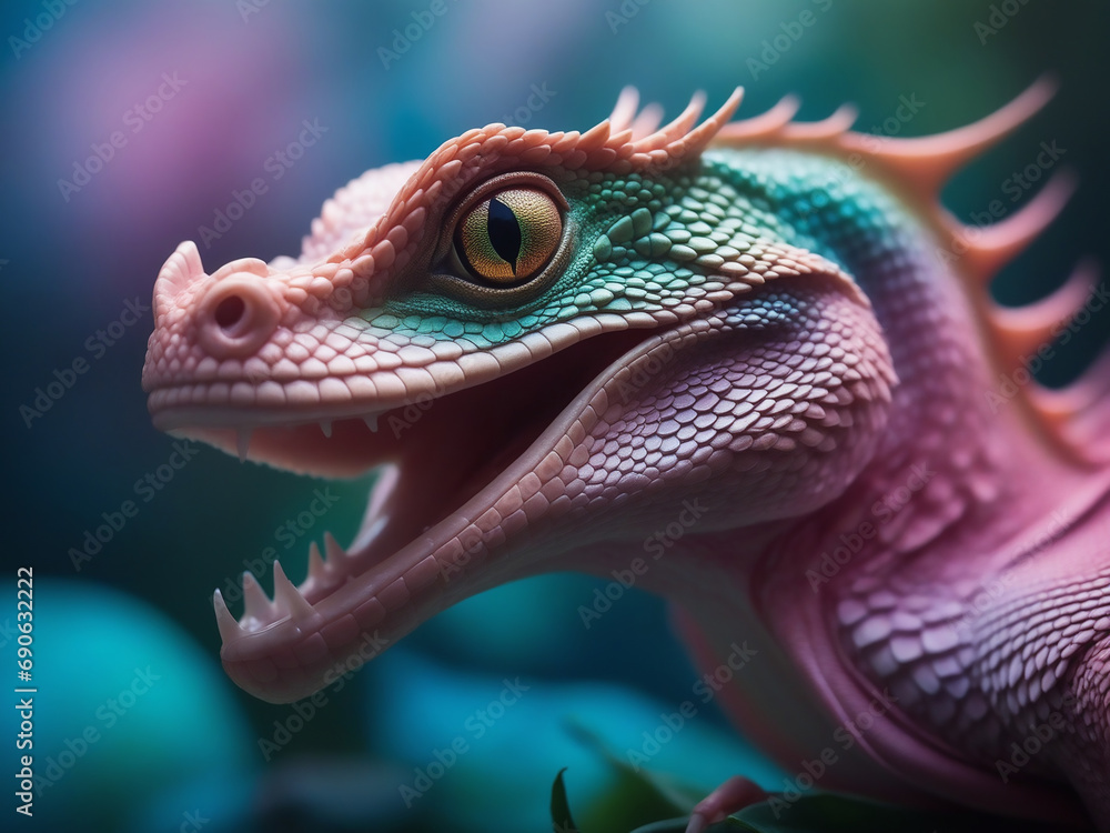 portrait of a psychedelic heavenly basilisk, vibrant colors, kaleidoscopic scales shimmering in a harmonious blend of iridescent pinks, opalescent blues, and luminescent greens.