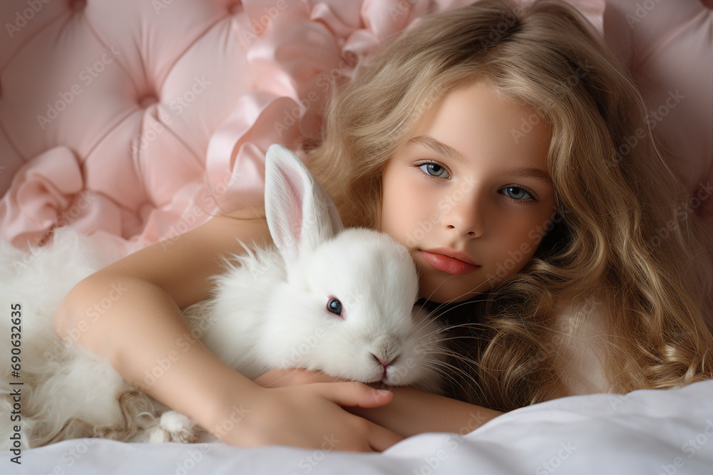 Generative AI happy child girl in her bad receiving christmas gift fluffy white bunny Generative AI happy child girl in her bad receiving christmas gift fluffy white bunny