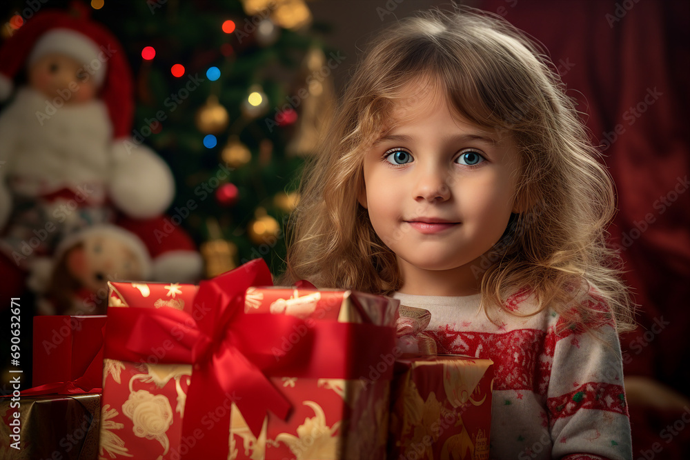 Generative AI happy child decorated christmas tree christmas gifts festive indoor living room magic Generative AI happy child decorated christmas tree christmas gifts festive indoor living room magic