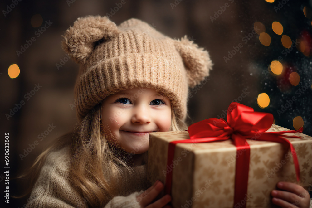 Generative AI child girl Christmas atmosphere holding big giftbox happy new year