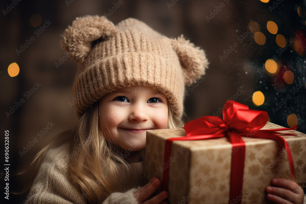 Generative AI child girl Christmas atmosphere holding big giftbox happy new year Generative AI child girl Christmas atmosphere holding big giftbox happy new year