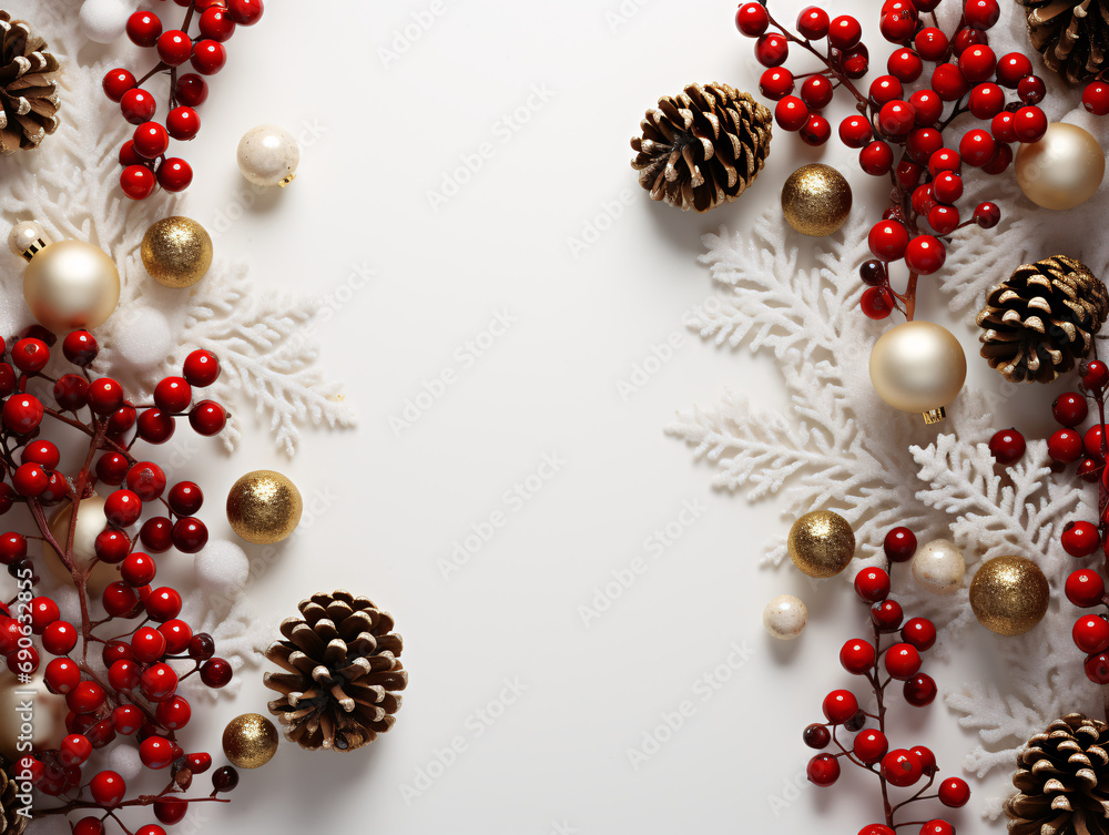 Top down perspective of festive Christmas decorations a New Year white backdrop
