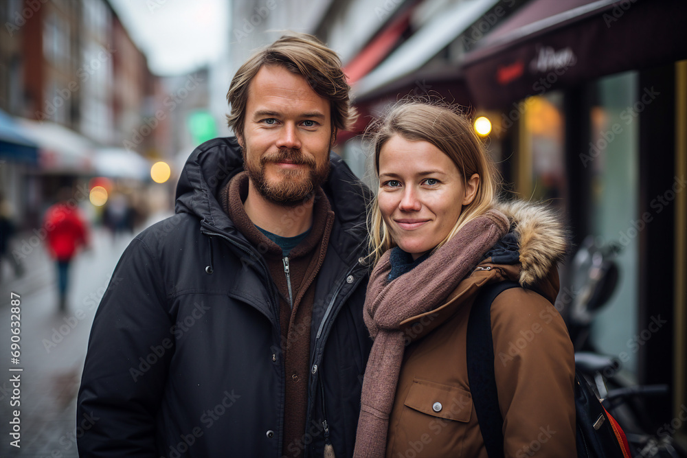 Fototapeta premium AI generated portrait of couple traveling in megapolis autumn day