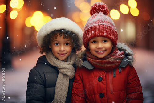 AI generated image of funny cute children together walking on decorated for christmas town