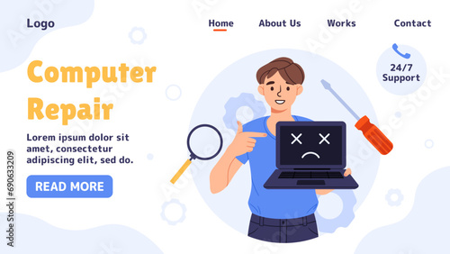 Computer repair poster. Man with broken laptop. Repairman and serviceman fix devices and gadgets. Technical support and assistance. Landing page design. Cartoon flat vector illustration
