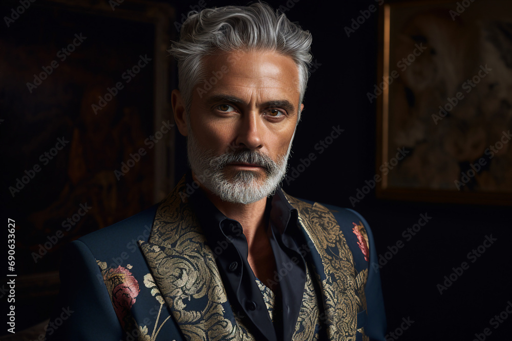 Obraz premium Generative AI photography magazine edition of handsome senior man celebrity indoors