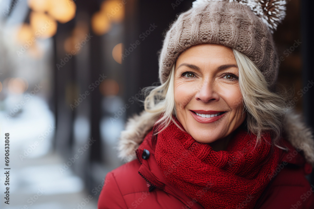 Generative AI portrait of attractive elderly woman standing over new year decorations snowy city winter fair Generative AI portrait of attractive elderly woman standing over new year decorations snowy city winter fair