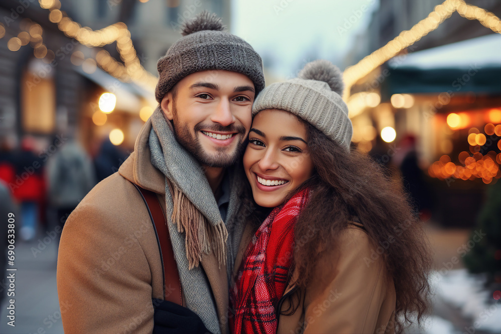 Generative AI portrait of young lovers couple  over new year decorations snowy city winter fair