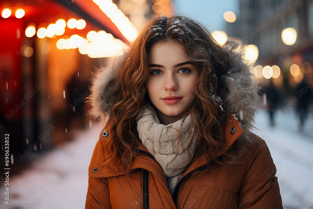 AI generated portrait of cheerful adult girl walking in winter city enjoying adventure AI generated portrait of cheerful adult girl walking in winter city enjoying adventure