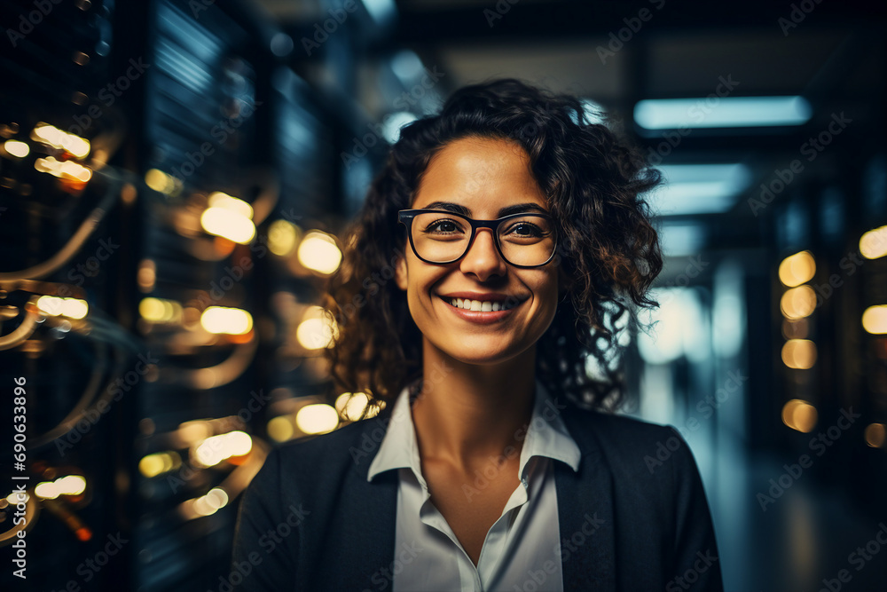 Fototapeta premium Generative AI conceptual portrait of successful business person man woman hacker programmer in office