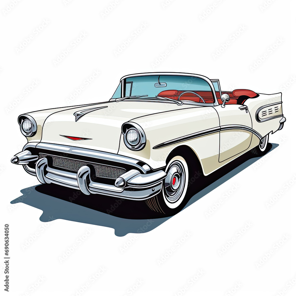 a beautiful illustration of an old white vintage car with red upholstery, Ai Generative
