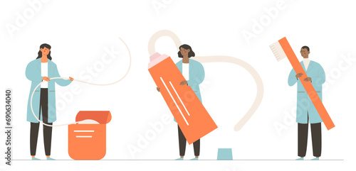 Set of dentists. Woman with dental floss and toothpaste, man with teethbrush. Oral hygiene. Health care and medicine, treatment. Cartoon flat vector collection isolated on white background