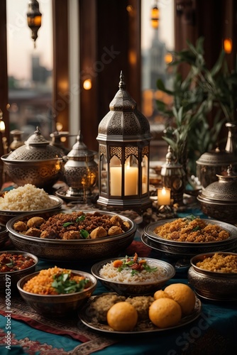 The festive table of Muslims for the day of Ramadan. Delicious national dishes, fruits and vegetables on the table. photo