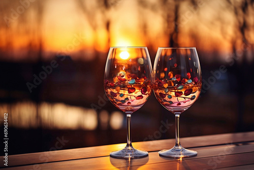 Two glasses of champagne on a wooden table against the background of an abstract sunset with bokeh lights. Fancy champagne glasses. Glasses Filled With Champagne . Concepts honeymoon, a couple in love