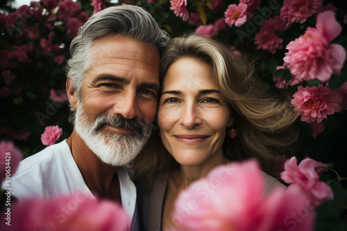 Happy beautiful loving couple among nice flowers in blooming park AI generated image © Tetiana