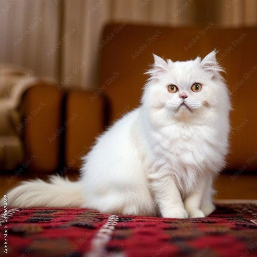 Obraz premium A photograph of a white Persian cat seated on a carpet.Object. 고양이.