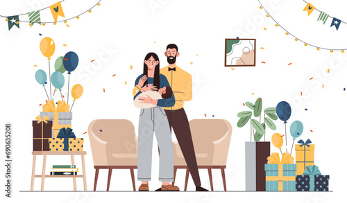 Family members with baby concept. Man and woman wit toddler in hands. Happy man and woman with son or daughter. Parents with kid. Parenthood and childhood. Cartoon flat vector illustration