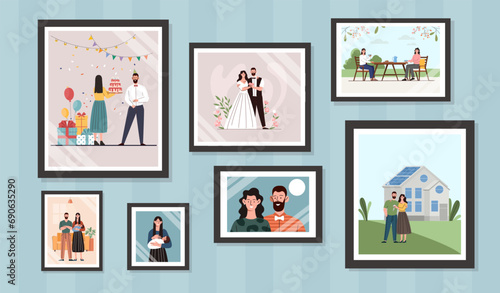 Family portrait pictures set. Different shapes of photo phrames. Memories and scrapbooking. Wedding and birthday of son or daughter. Cartoon flat vector collection isolated on blue background