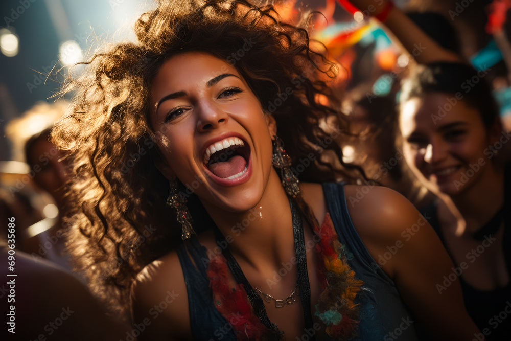 Woman with curly hair laughing and holding cell phone.