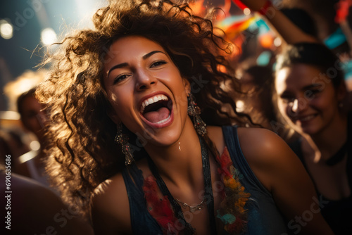 Woman with curly hair laughing and holding cell phone. © valentyn640