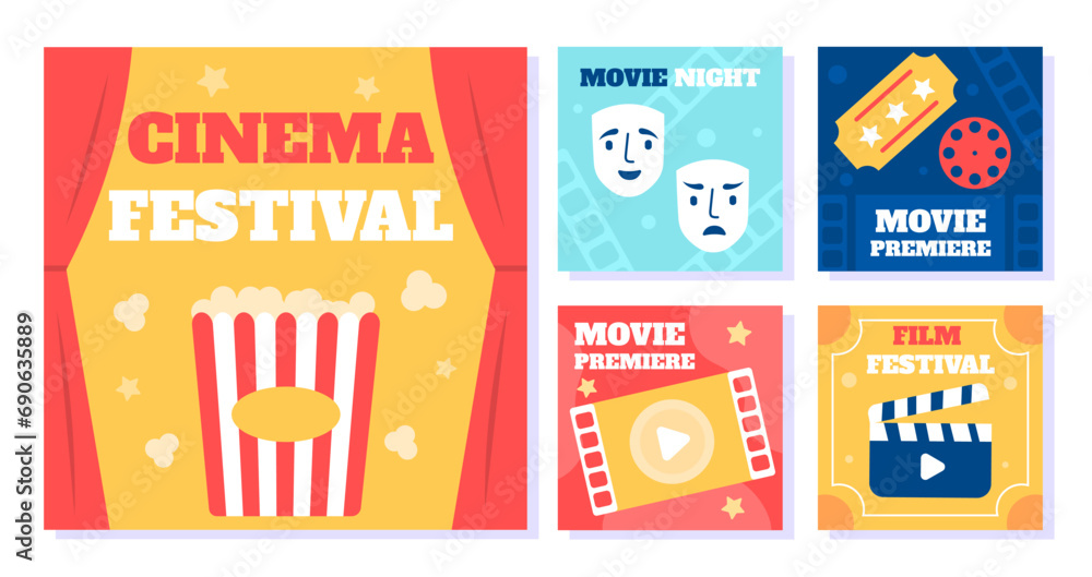 Film festival posts set. Movie and series posters or banners. Pop corn basket and tickets, tape reel. Cinema production. Cartoon flat vector collection isolated on white background