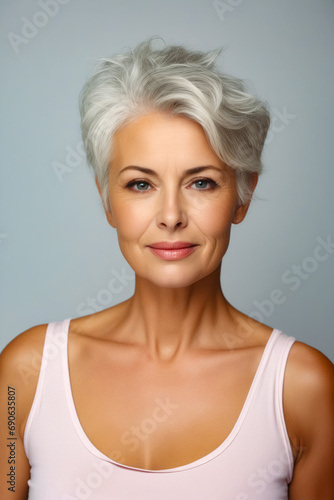 Woman with white hair and pink tank top.