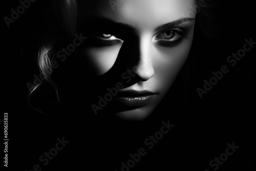 Woman with black makeup and black background with shadow.