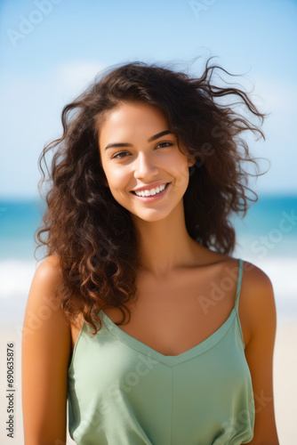 Woman with long hair smiling at the camera on the beach.