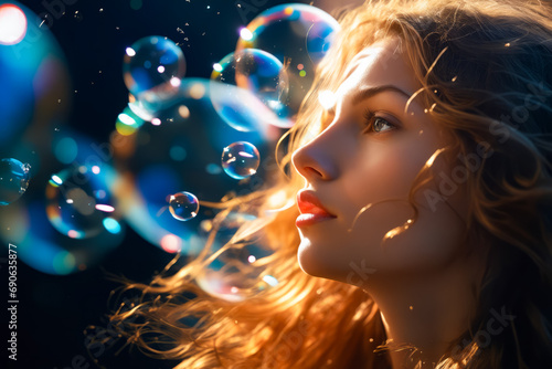 Woman with red hair blowing bubbles in the air.