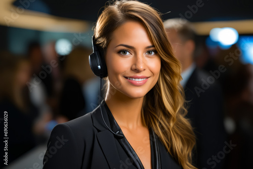 Woman wearing headset and smiling for the camera.
