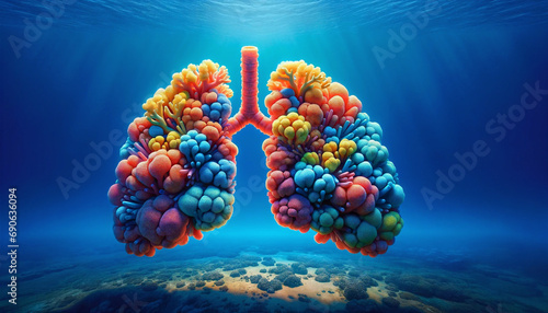 Illustration of Ocean's Lungs. Coral in form of the respiratory system. Ecosystem Vitality concept, breath of the sea. Nature and environment protection, eco friendly 