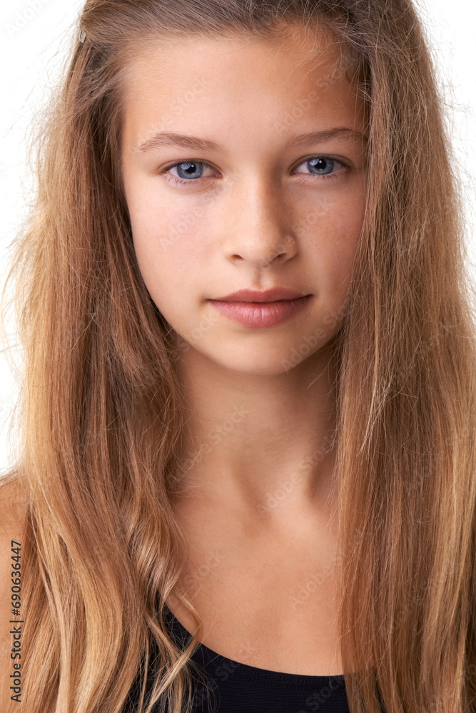 Studio portrait, hair care and teen kid with facial cosmetics, hairdressing maintenance and youth with natural texture growth. Beauty, grooming and girl with haircut routine on white background Studio portrait, hair care and teen kid with facial cosmetics, hairdressing maintenance and youth with natural texture growth. Beauty, grooming and girl with haircut routine on white background