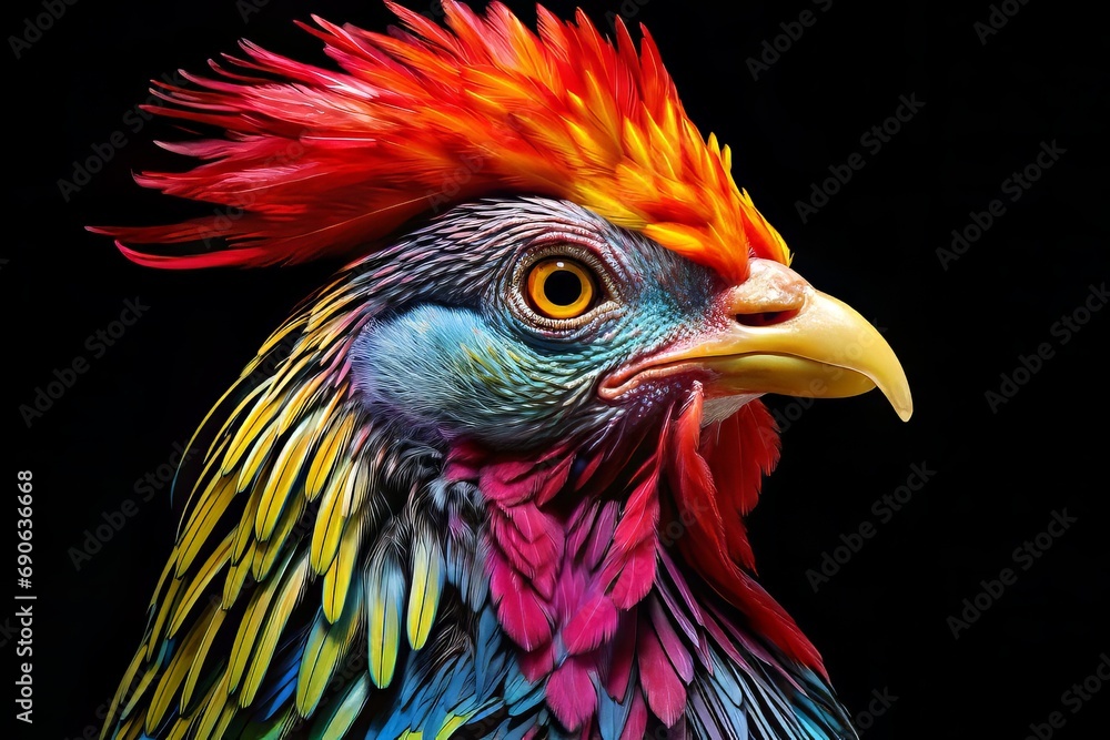 Close-up of a chicken head with colorful feathers on a dark background
