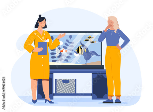Fish health check concept. Women near aquarium with nautical dwellers. Young girls near sea animals and wild life. Cartoon flat vector illustration isolated on white background