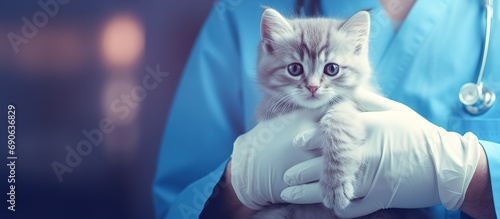 Cropped image handsome male veterinarian doctor with stethoscope holding cute fluffy striped kitten in arms in veterinary clinic on white background banner. cat and doctor. AI