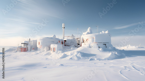 A research base in Antarctica surrounded by ice and snow under a clear sky.