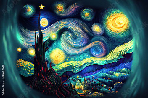 Starry night above the town with blue and yellow spirals in the sky, fantasy landscape in the style of impressionism, Generative AI