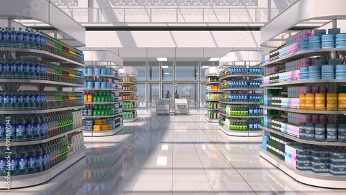 Sales area of the store with rows of shelving, display of goods and daylight. 3d illustration photo