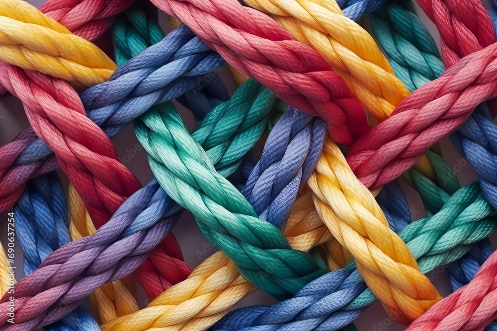 Diverse multicolored ropes connected together. Generation of ideas and thoughts