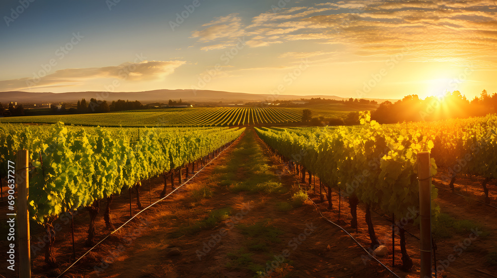 A scenic summer vineyard with rows of grapevines and a setting sun in the background.