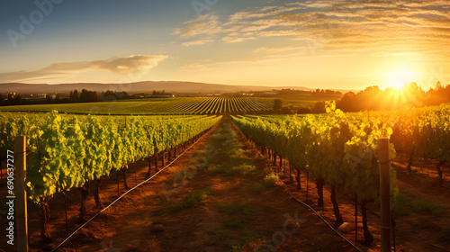 A scenic summer vineyard with rows of grapevines and a setting sun in the background.