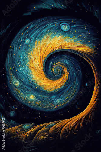 Blue and yellow fractal  spiral  abstract background  vertical  Generative AI