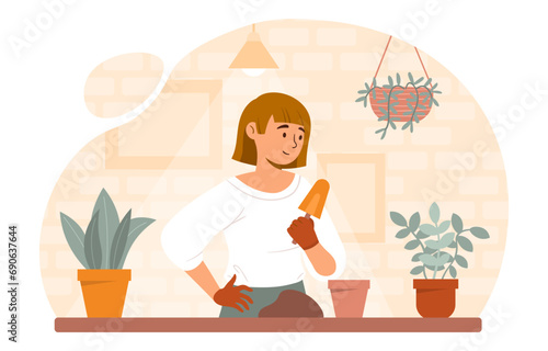 Gardener with plants concept. Young girl with snovel near flowerpots with flowers and leaves. Horticulture and gardening, botany. Cartoon flat vector illustration isolated on white background