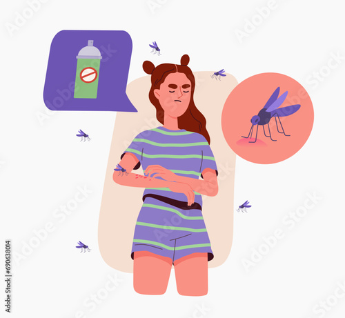 Girl bitten by mosquitoes concept. Woman suffer from insects. Spray for protectin skin. Spring and summer season. Cartoon flat vector illustration isolated on white background photo