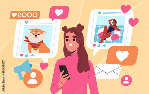 Girl like social media post. Woman with interesting content on internet. Entertainment and fun. Active user of social networks. Cartoon flat vector illustration isolated on yellow background