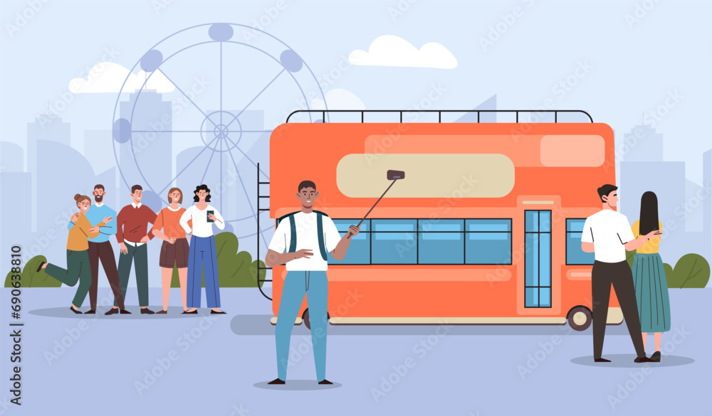 Group of tourists travel on bus. Men and women near big transport. Active lifestyle, travel and trip. People at holiday and vacation. Poster or banner. Cartoon flat vector illustration