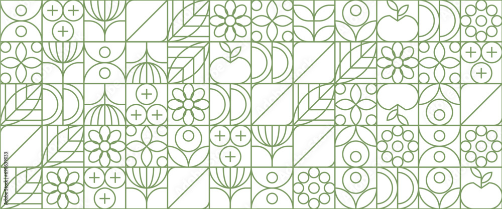Green and white abstract geometric mosaic banner design with simple nature outline shapes. Abstract eco agriculture banner background. Vector design