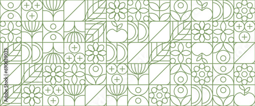 Green and white abstract geometric mosaic banner design with simple nature outline shapes. Abstract eco agriculture banner background. Vector design