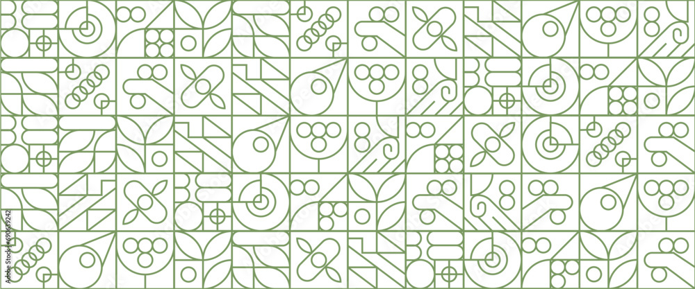 Green and white modern minimalist mid century neo geometric mosaic bauhaus style banner pattern abstract vector illustration with outline nature shapes. Fresh organic background. Green and white modern minimalist mid century neo geometric mosaic bauhaus style banner pattern abstract vector illustration with outline nature shapes. Fresh organic background.
