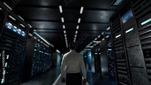 Spatial computing. IT Administrator Activating Modern Data Center Server with Hologram. photo